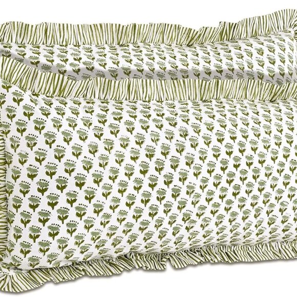 Handmade 100% Cotton Block Print Ruffle Sham Cover 14x36 inch Boho Floral Décor - Picture 2 of 8